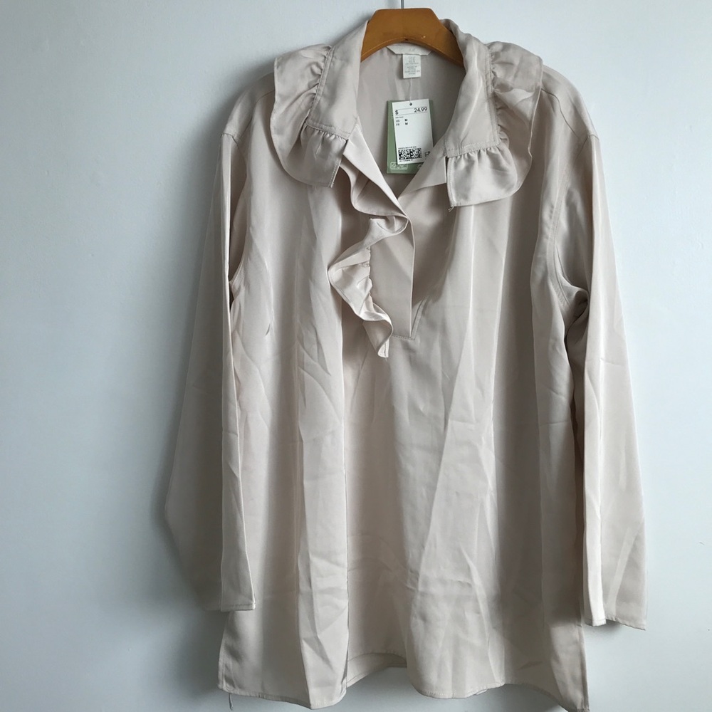 H&M WOMENS SHIRT OYSTER OVERSIZED LONG SLEEVE RUFFLE MEDIUM